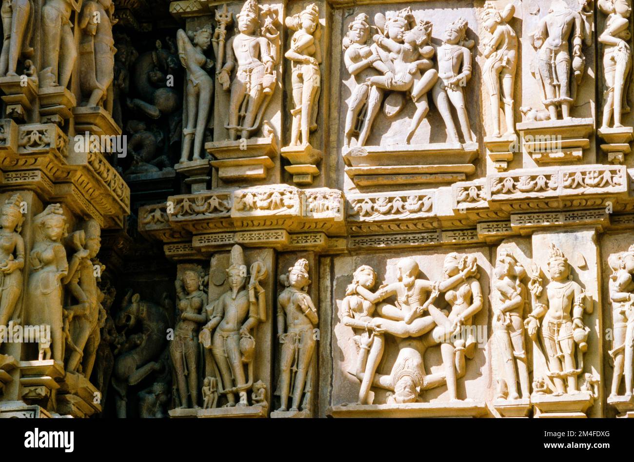 Amazing stonecarvings with scenes from Kamasutra make the Khajuraho-temples very special Stock Photo