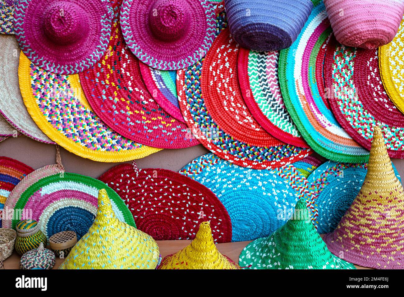 Omani Souvenirs. Traditional Colorful Baskets and Wicker Hats. Arabic ...