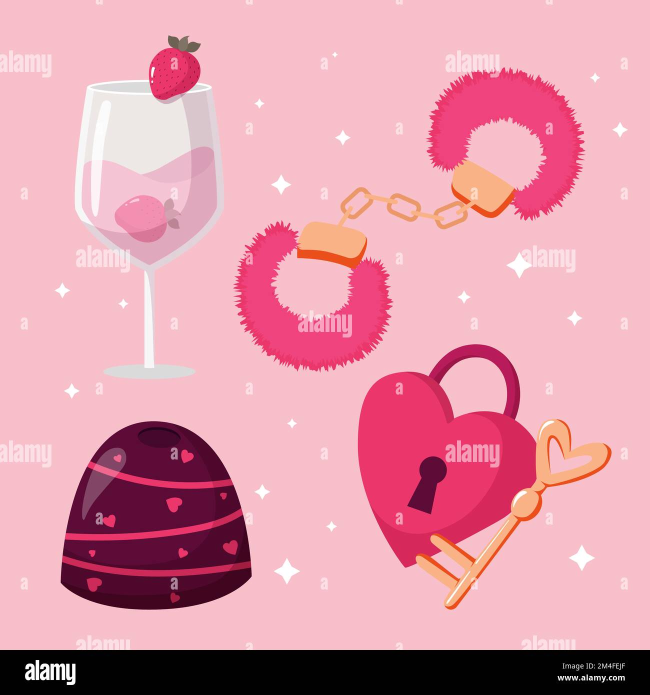 cute cartoon valentines day elements pink fur handcuffs heart lock and key wine glass with cupcake and chocolate candy Stock Vector