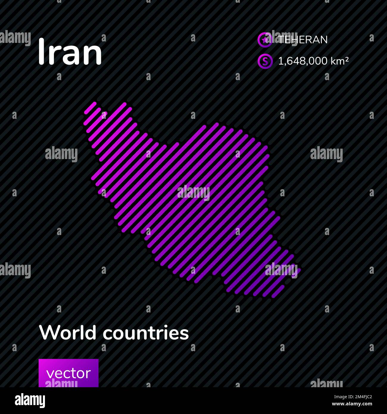 Vector flat map of Iran with violet, purple, pink striped texture on black background. Educational banner, poster about Iran Stock Vector