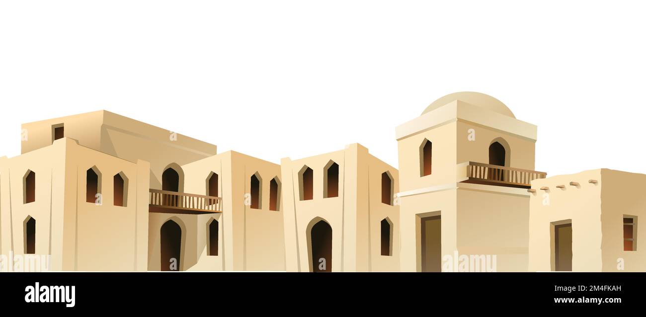 Arab clay hut. Street in small southern town. Seamless border. Middle Eastern adobe dwelling. Africa and Asia traditional house. Isolated on white bac Stock Vector