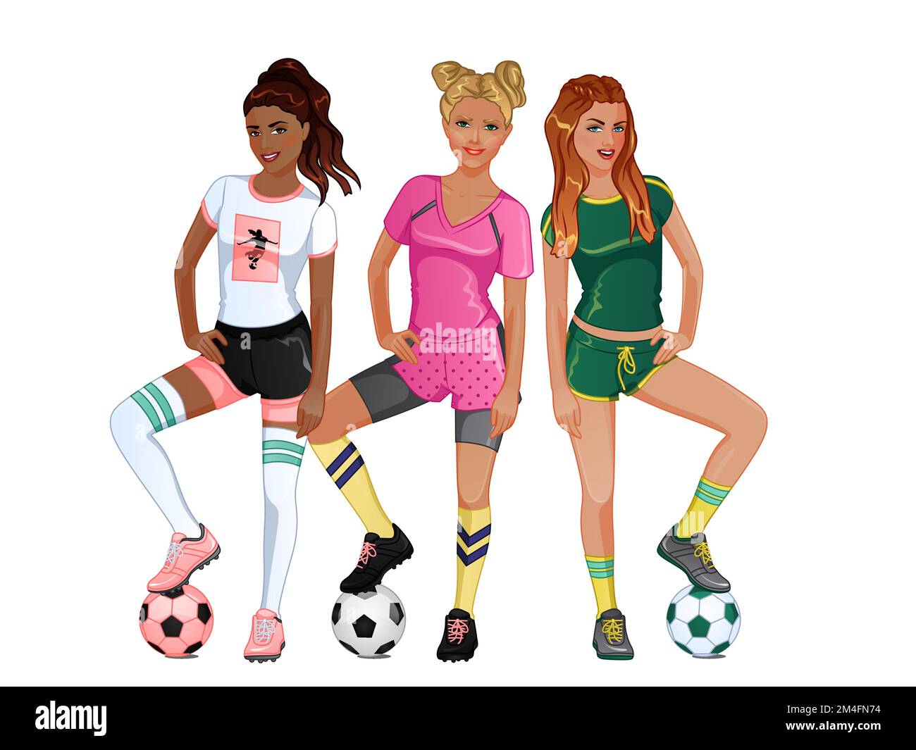 Cute Cartoon Soccer Female Characters. Vector Illustration Stock Vector