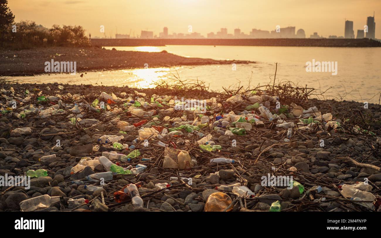 Stone beach with plastic waste. Plastic bottles in nature. Environmental pollution concept. Stock Photo