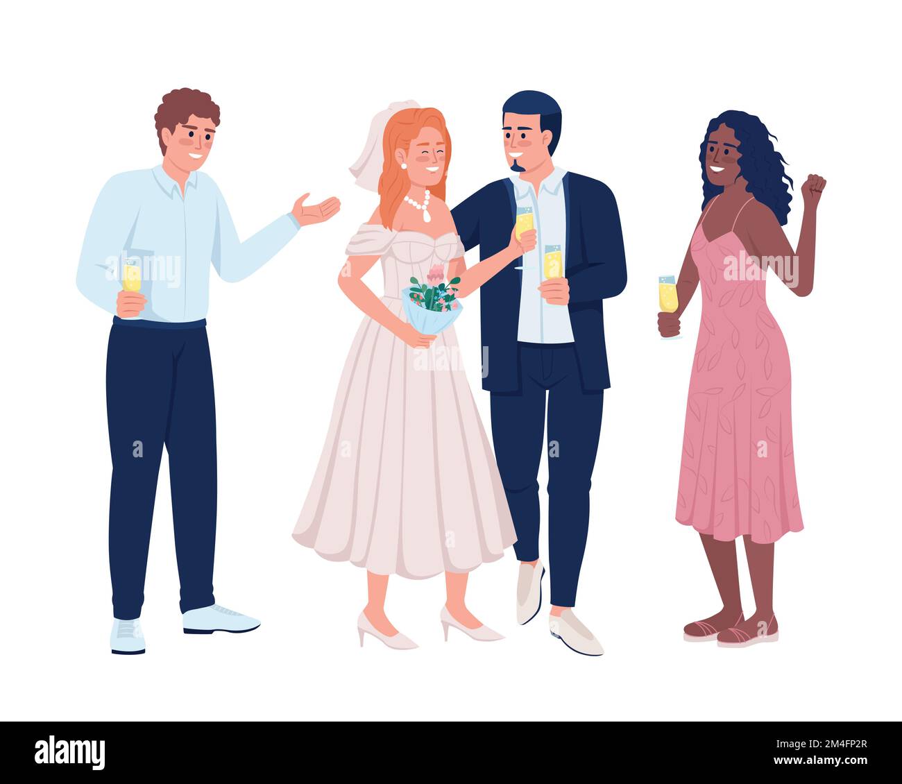 Newlyweds celebrating wedding event with friends semi flat color vector ...