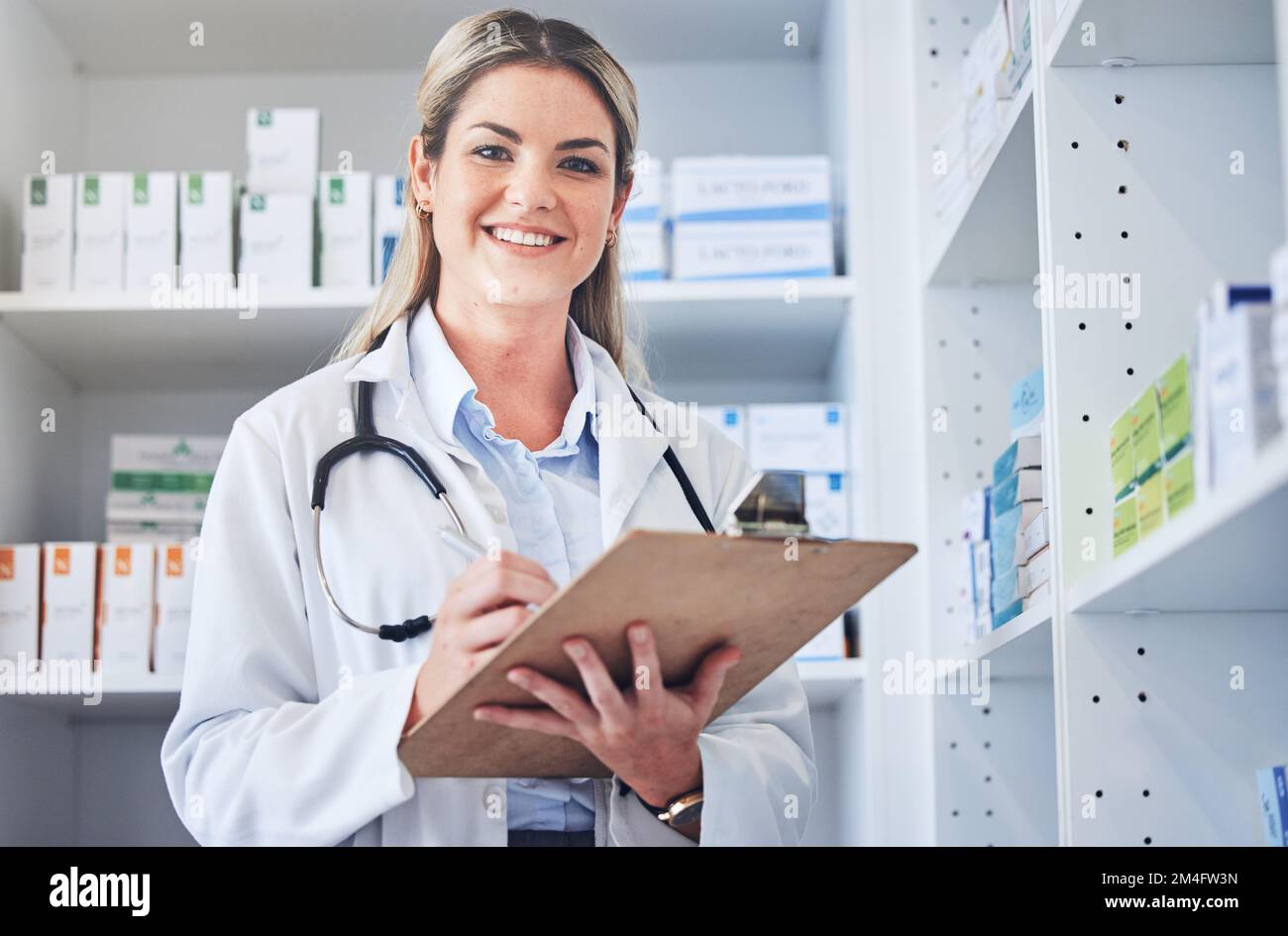 Doctor, pharmacy checklist and employee portrait in pharmaceutical