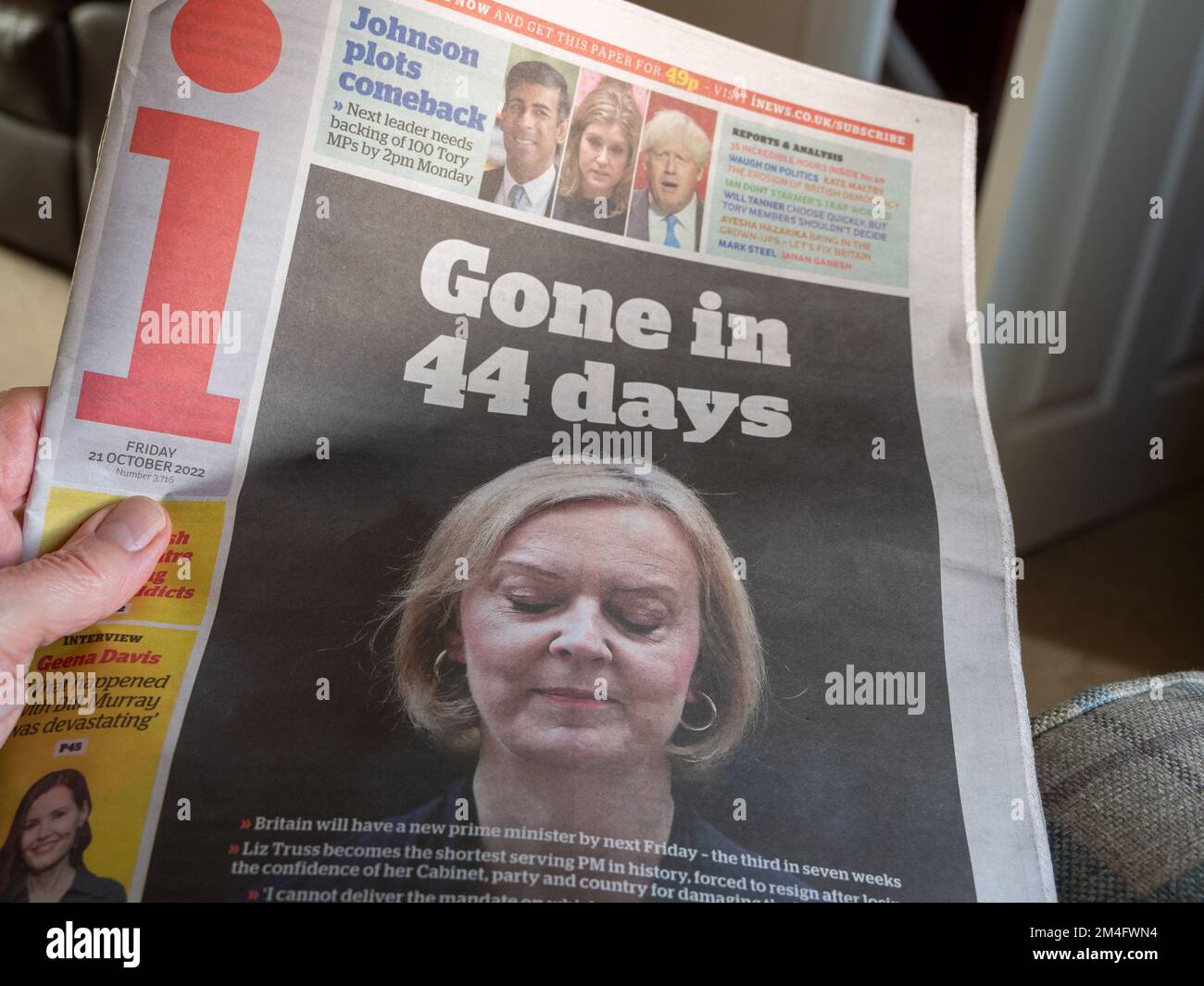 Front page of i newspaper with headline Gone In 44 Days as Prime Minister Liz Truss resigns after shortest premiership in Britain, Stock Photo