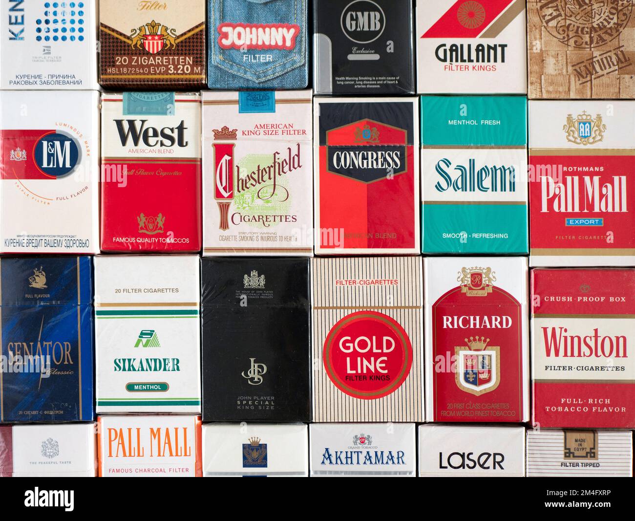 Soligorsk, Belarus - 5 September 2022: Old classic packs of tobacco cigarettes of famous or unknown brands, close up Stock Photo