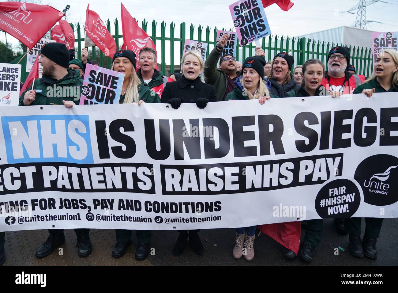 Unite union general secretary Sharon Graham (centre), joins ambulance