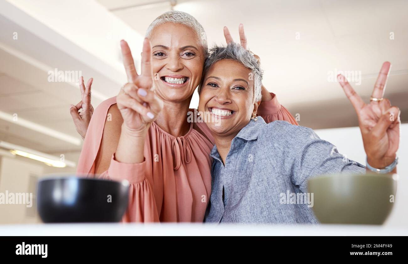 Senior women, bonding or peace sign in house or home living room for social media, profile picture or cool memory capture. Portrait, happy smile or Stock Photo