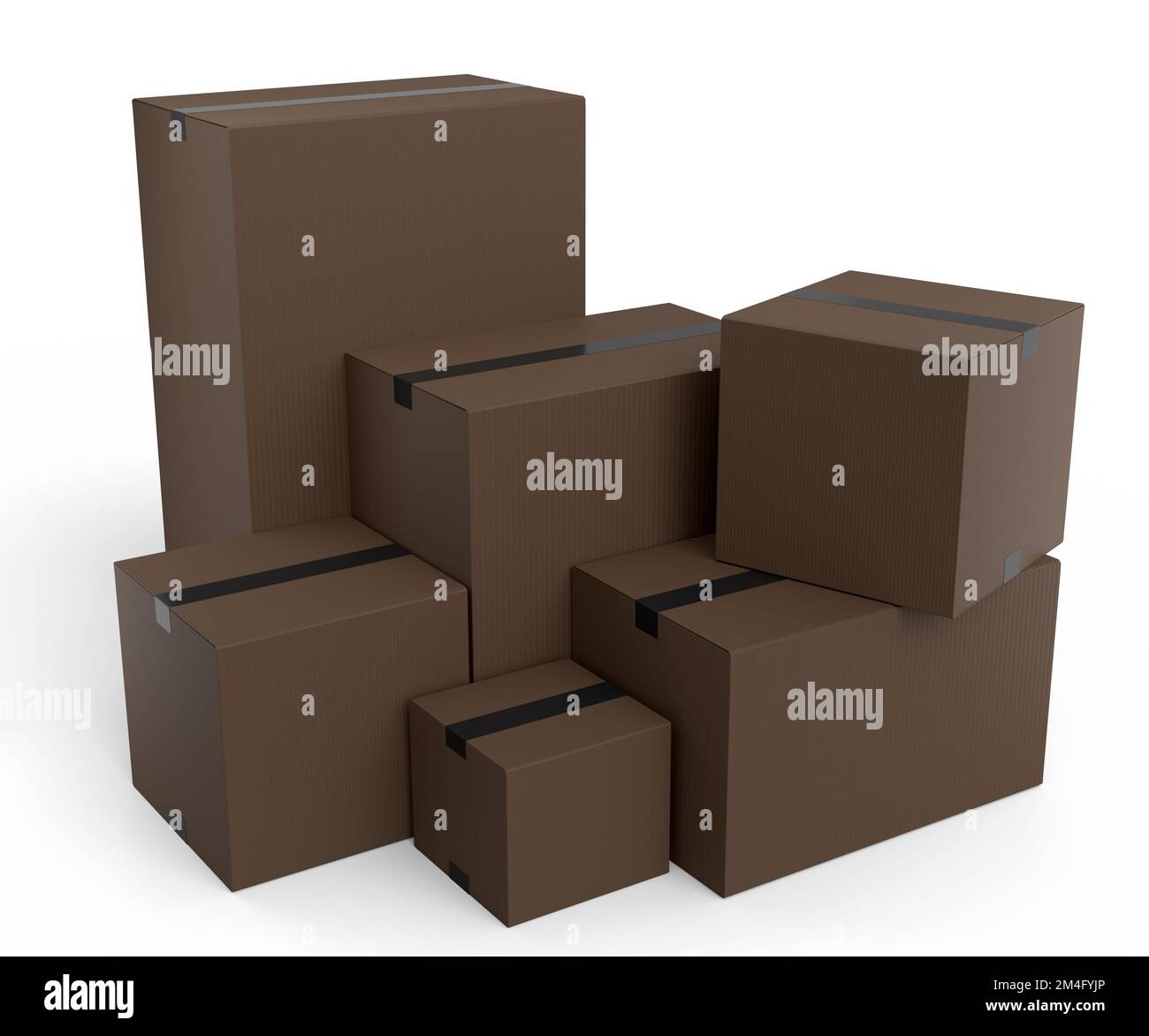 Stack of cardboard boxes or carton gift box isolated on white background. 3d render concept of express delivery to warehouse, carrying parcel and onli Stock Photo