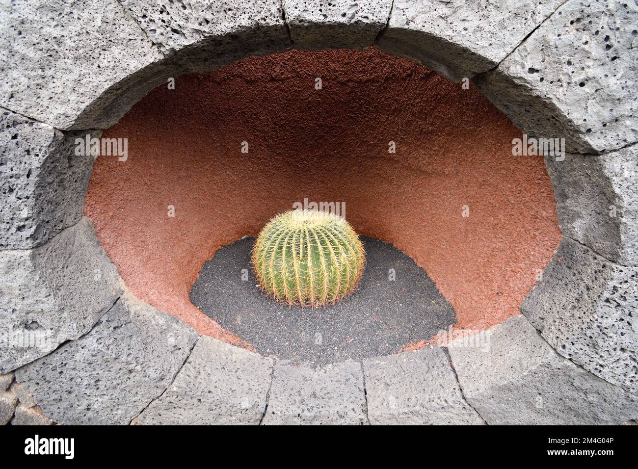 Cactus decorating a hole in a wall made with volcanic rocks Stock Photo