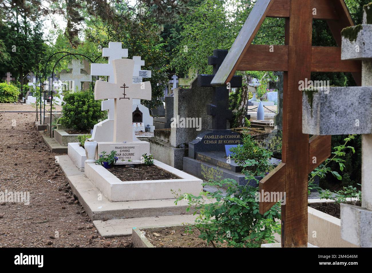 SAINT-GENEVIEVE-DE-BOIS, FRANCE - MAY 16, 2015: Cemetery St. Genevieve de Bois is the burial place of Russian immigrants. Stock Photo