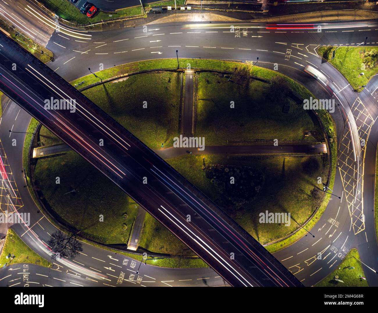 Night over Penn Inn Flyover and Roundabout from a drone Newton Abbot, Devon, England Stock Photo Night over Penn Inn Flyover and Roundabout from a drone Newton Abbot, Devon, England Stock Photo