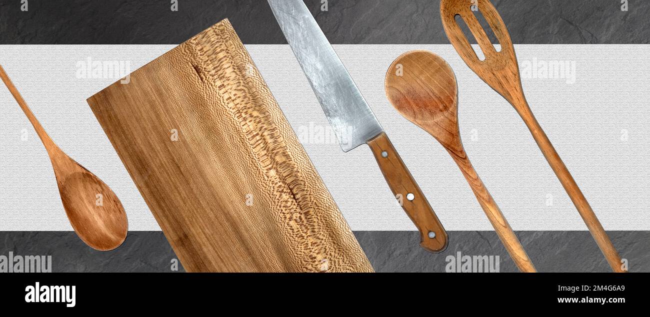 Topview of Set Cooking Utensils on White and Dark Wood Background Stock Photo