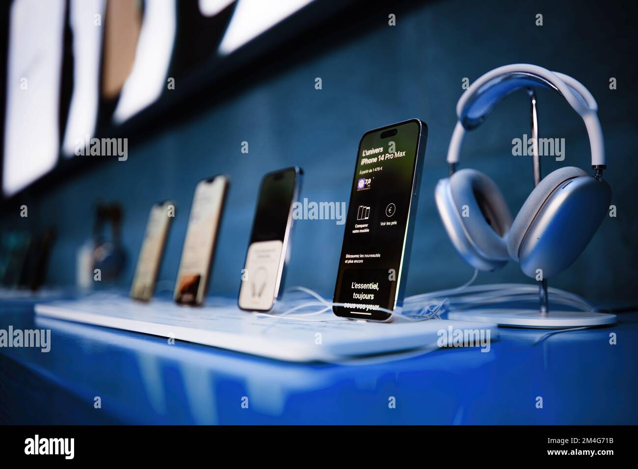 Paris, France Oct 28, 2022 Row of all current line of Apple