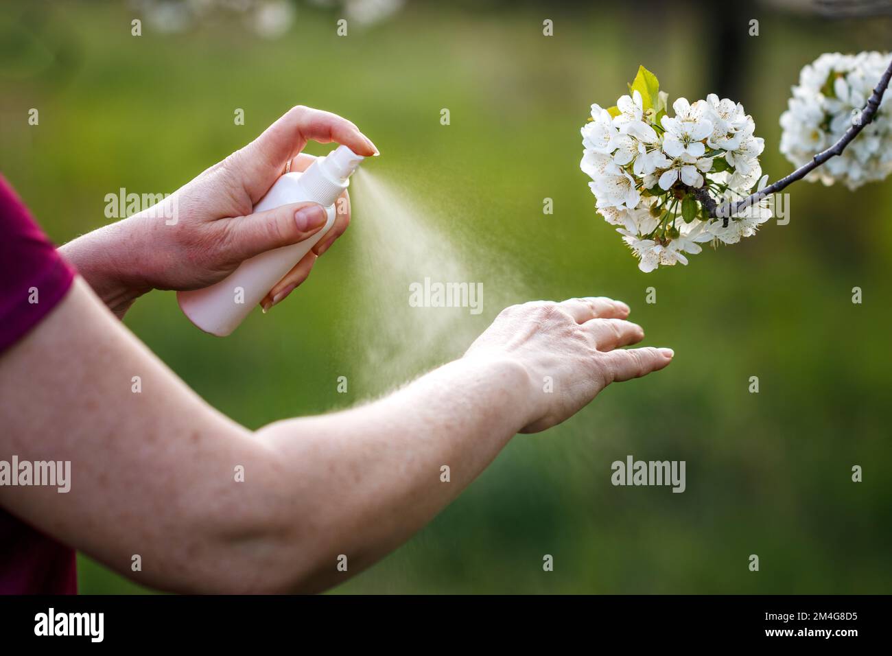 Insect repellent. Woman applying mosquito repellant on hand in nature