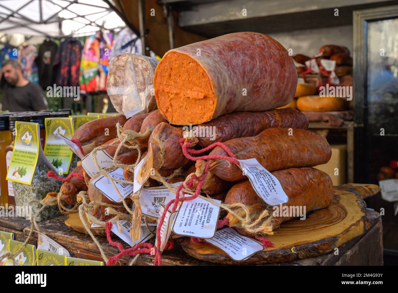Schweinewurst Sobrasada de Mallorca, Wochenmarkt, Arta, Mallorca, Spanien Stock Photo