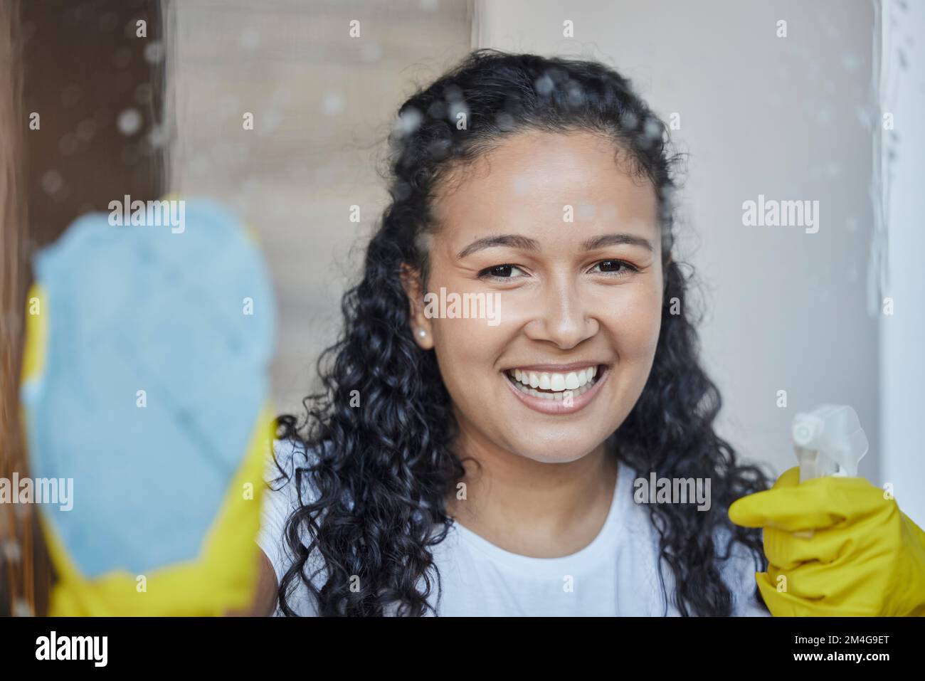 Cleaning, window and spray with portrait of woman with fabric rag for