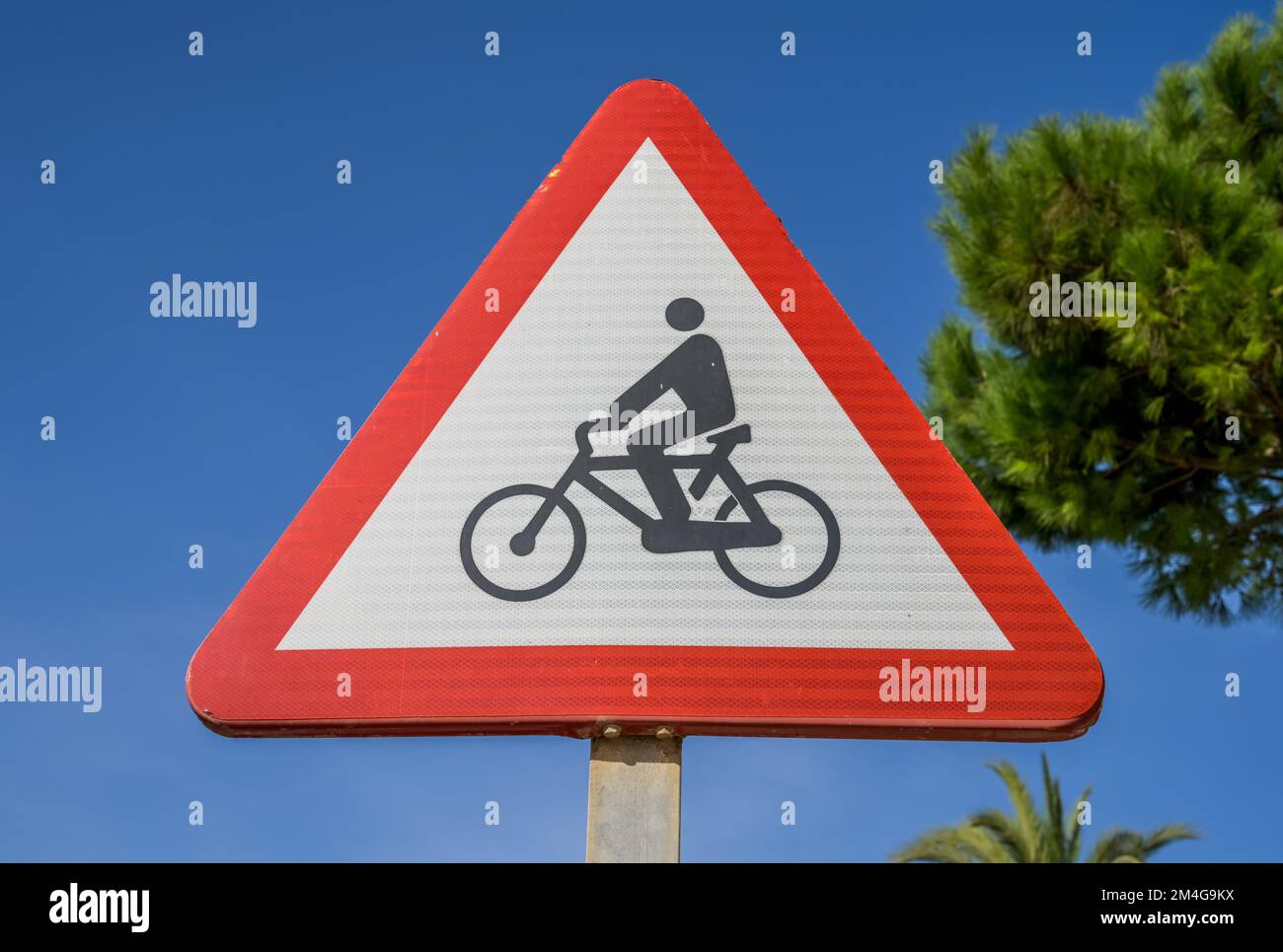 Achtung Radfahrer, Strassenschild, Verkehrsschild, Mallorca, Spanien Stock Photo