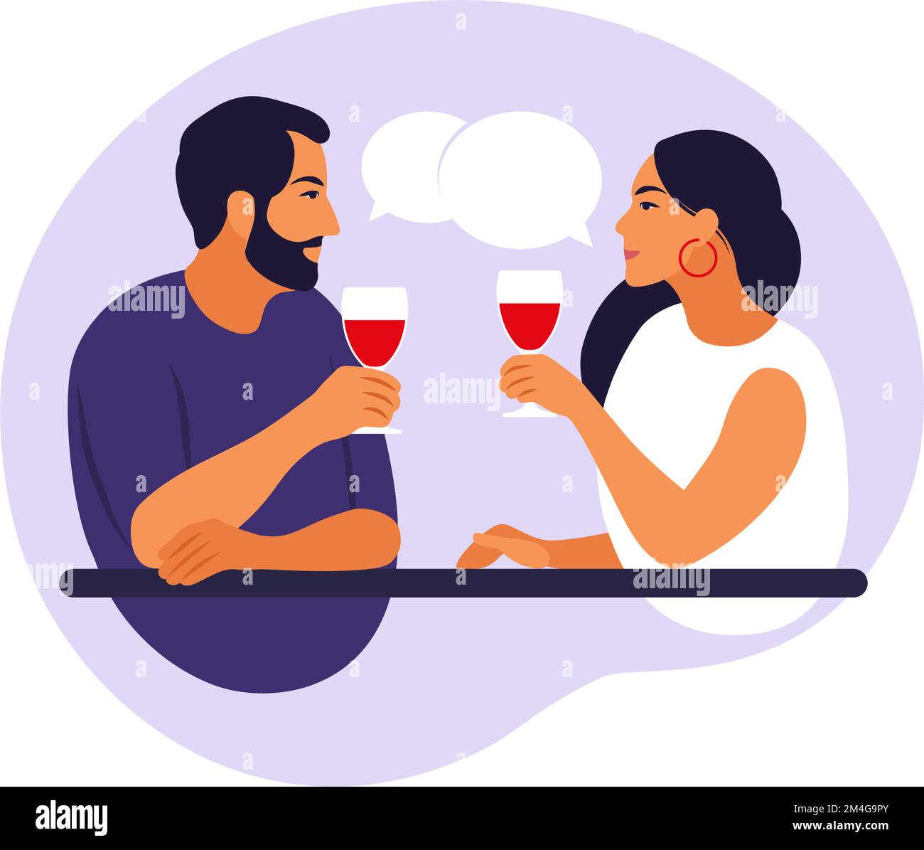 Friendly or love meeting woman and man concept. Cheerful couple sitting at table, talking, laughing, drinking wine. Vector illustration. Flat. Stock Vector