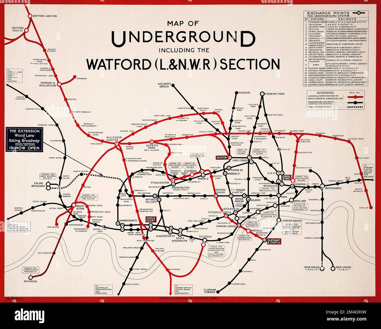 MAP OF UNDERGROUND - including the Watford Section 1919 printed by Waterlow & Sans Stock Photo