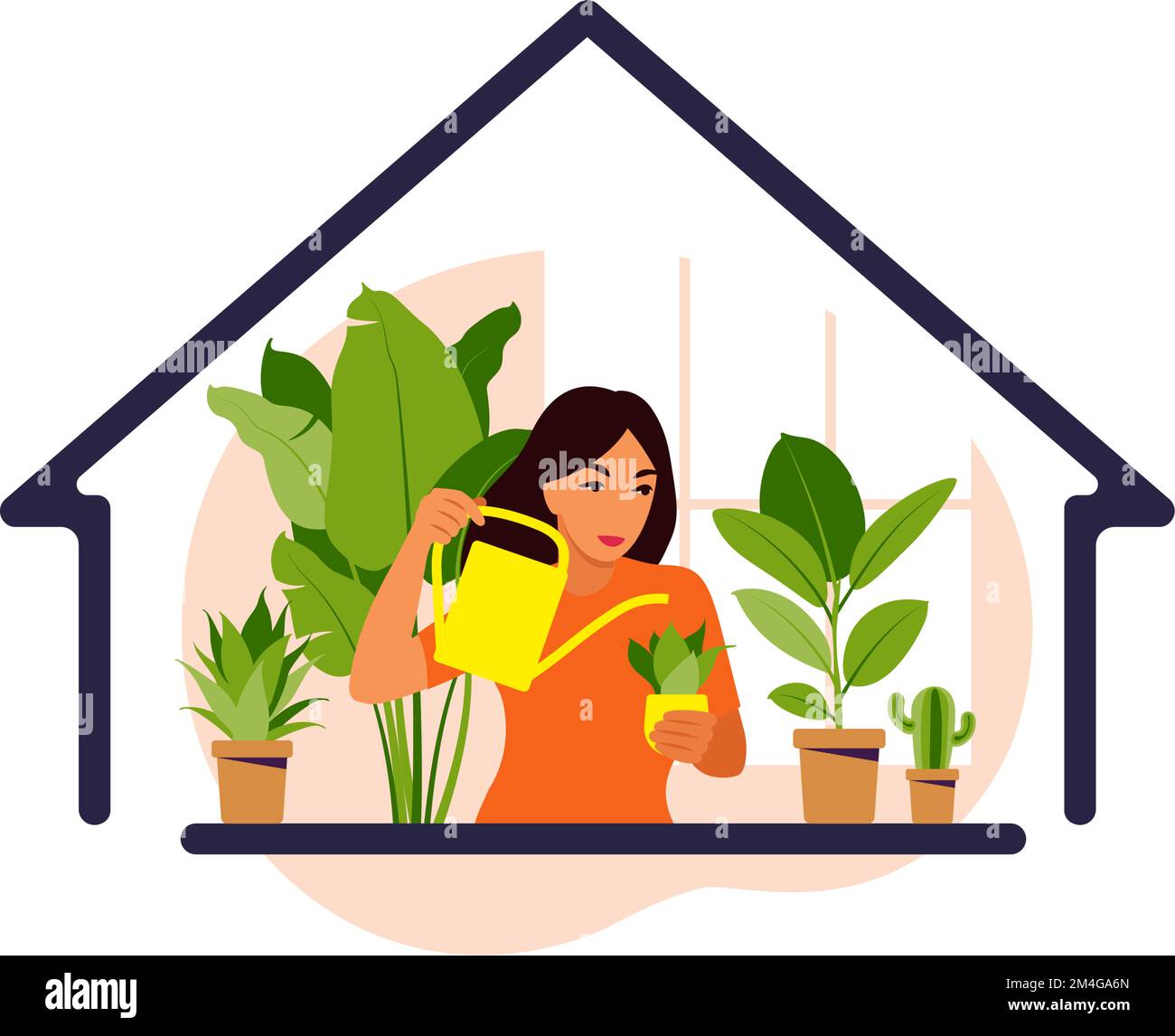 Stay home concept. Woman watering houseplants at home. Home garden and