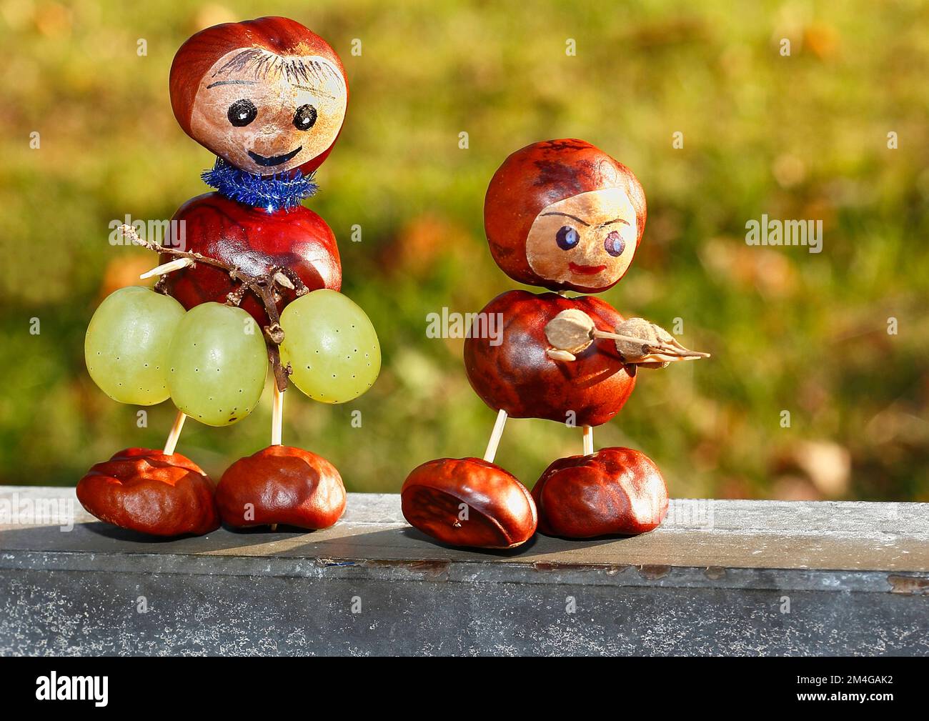 two cute chestnut figures with wine grapes Stock Photo