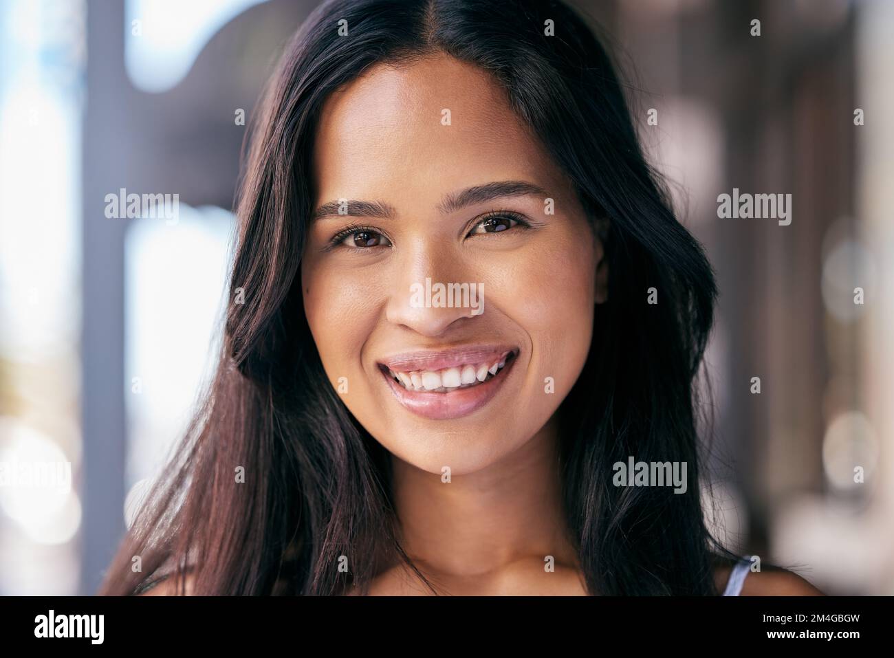 Woman, face or skincare glow in city on summer holiday, vacation break