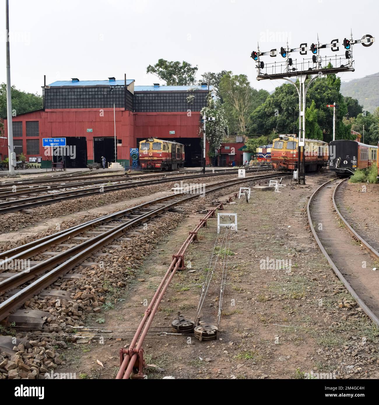 Kalka, Haryana, India May 14 2022 - Indian toy train diesel locomotive engine at Kalka railway station during the day time, Kalka Shimla toy train die Stock Photo