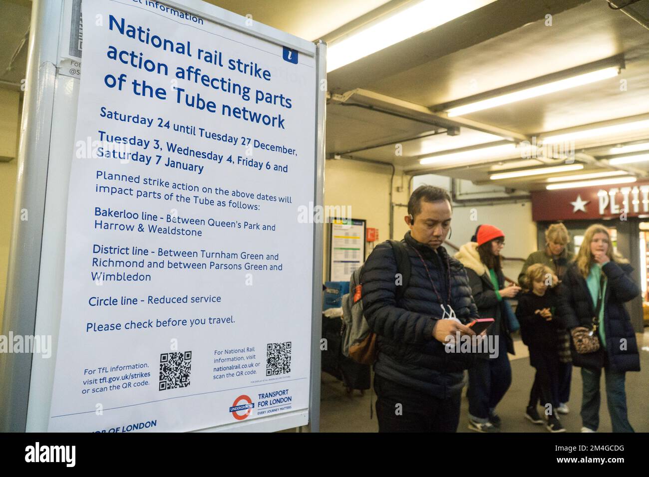 London, UK, 20 December 2022: A poster in South Kensignton tube station warns passengers of upcoming travel disruption due to a national rail strike over the Christmas period. The unions are in dispute with rail companies over pay and working conditions. Anna Watson/Alamy Live News Stock Photo