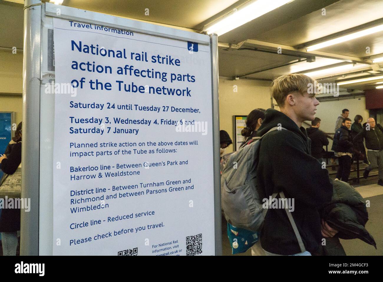London, UK, 20 December 2022: A poster in South Kensignton tube station warns passengers of upcoming travel disruption due to a national rail strike over the Christmas period. The unions are in dispute with rail companies over pay and working conditions. Anna Watson/Alamy Live News Stock Photo
