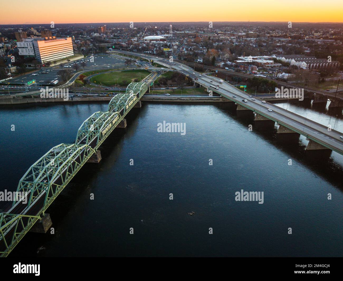 An aerial of the Lower Trenton highway bridge over the Delaware river