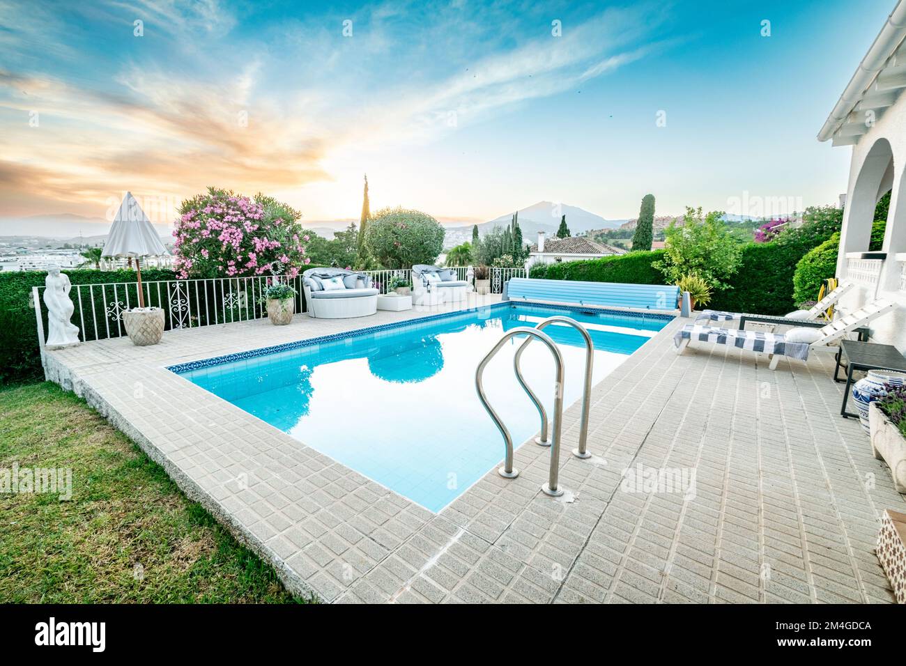 a poolside image from a chalet overlooking the Costa Del Sol Stock Photo