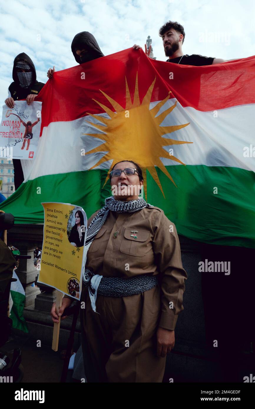 London, UK. 1 OCT, 2022. Iranian people and supporters gathered in Trafalgar Square to protest Iran's regime over the death of Mahsa Amini, who died in police custody in Iran after being detained for allegedly not wearing a head scarf (hijab). Stock Photo