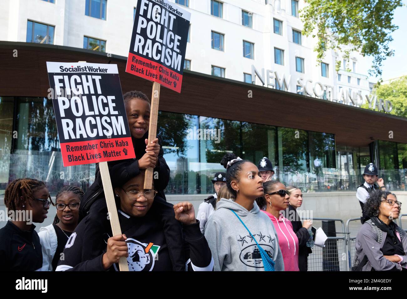 London, UK. 17 SEP, 2022. Multiple groups including Black Lives Matter gather in front of New Scotland Yard to protest against the killing of Chris Kaba, who was fatally shot by a police officer on 5th September. Stock Photo