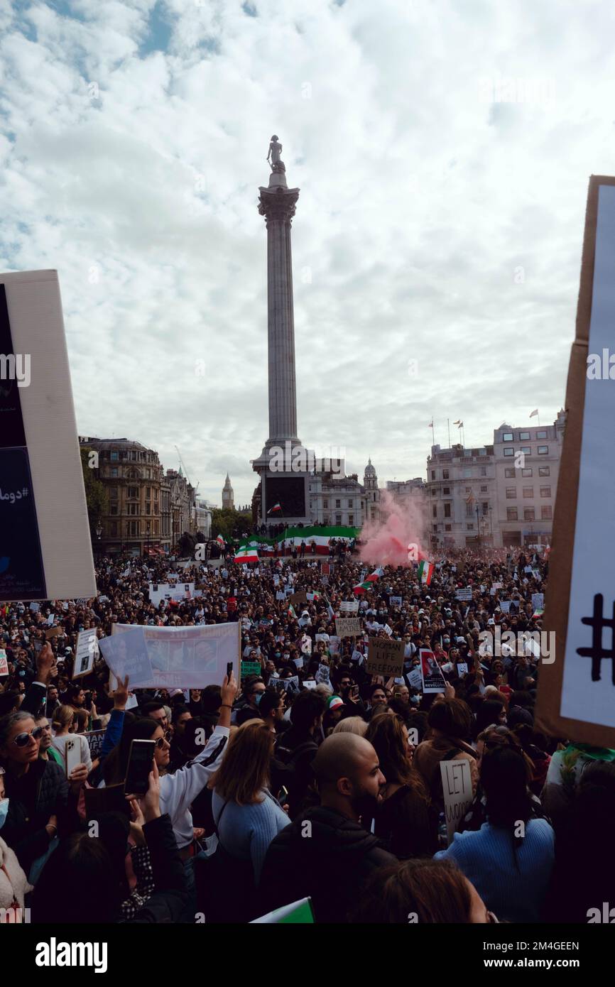 London, UK. 1 OCT, 2022. Iranian people and supporters gathered in Trafalgar Square to protest Iran's regime over the death of Mahsa Amini, who died in police custody in Iran after being detained for allegedly not wearing a head scarf (hijab). Stock Photo