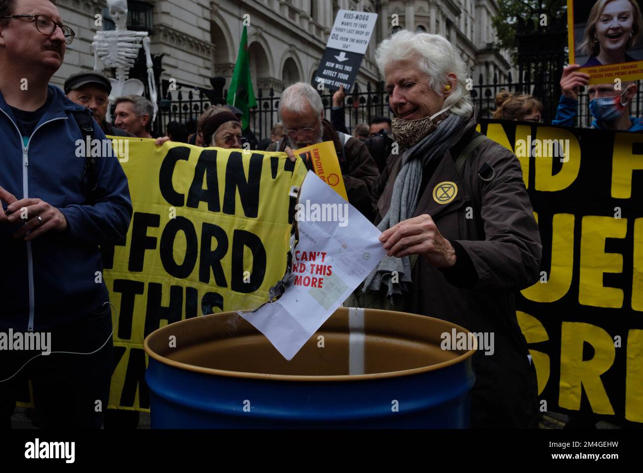 London, UK. 14 OCT, 2022. Members of the Extinction Rebellion stage a sit-in outside Downing Street as the campaigners demonstrate against climate change crisis and rising energy bills. Stock Photo