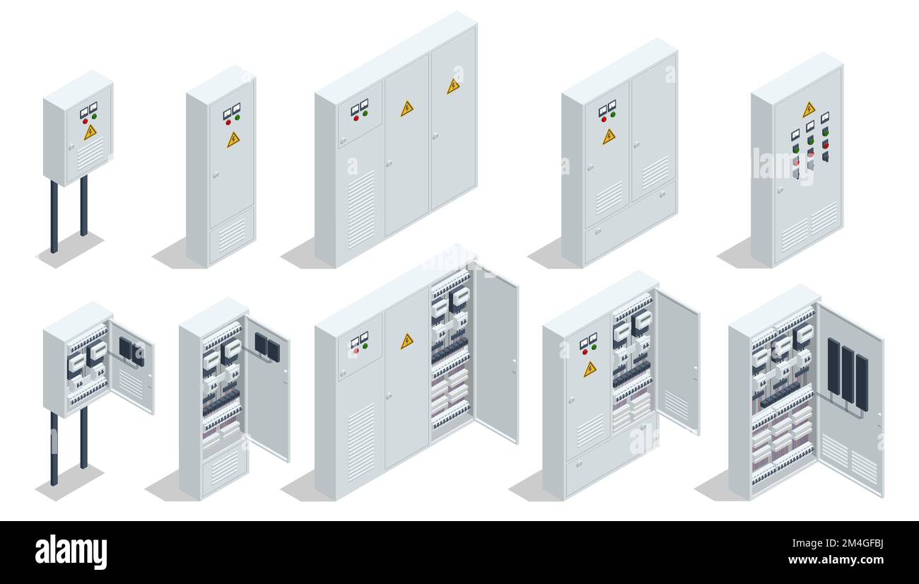 Isometric Electric switchboard. Transformer. Distribution board