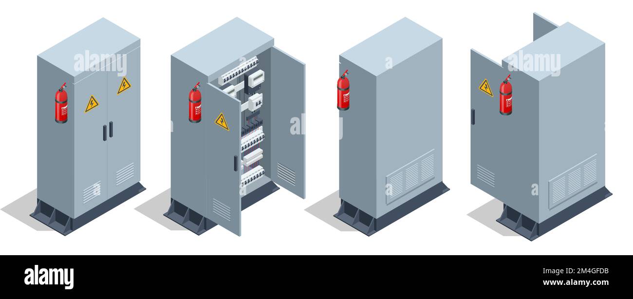 Isometric Electric switchboard. Transformer. Distribution board