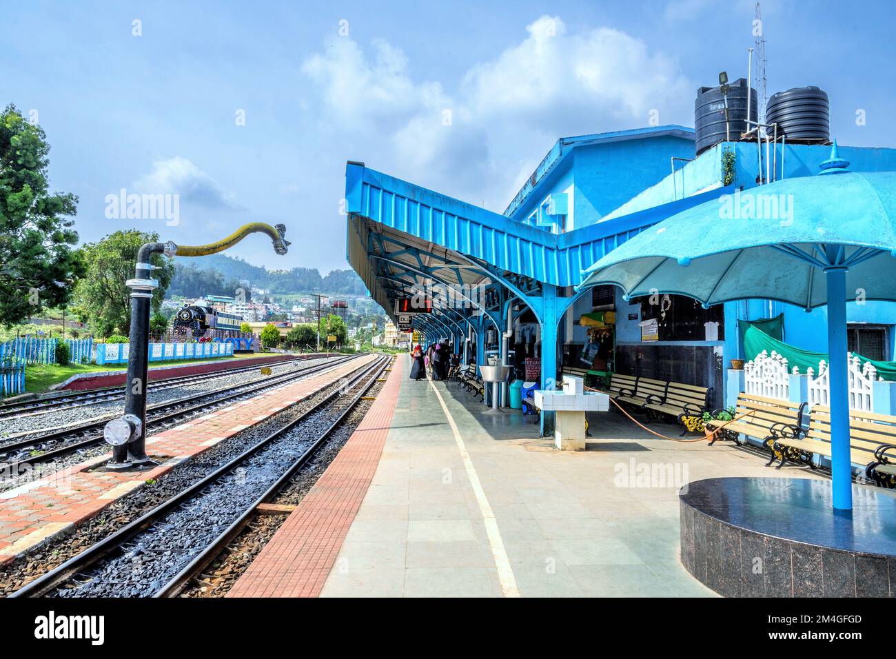 Railway Station, platform, Ooty, Udhagamandalam, Tamil Nadu, India Stock Photo