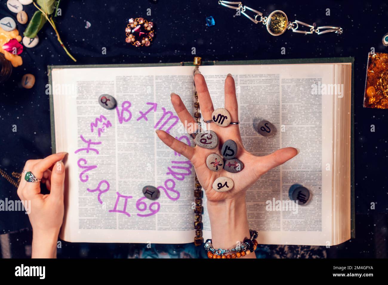 Astrology and horoscope. The fortune teller's hand holds the zodiac