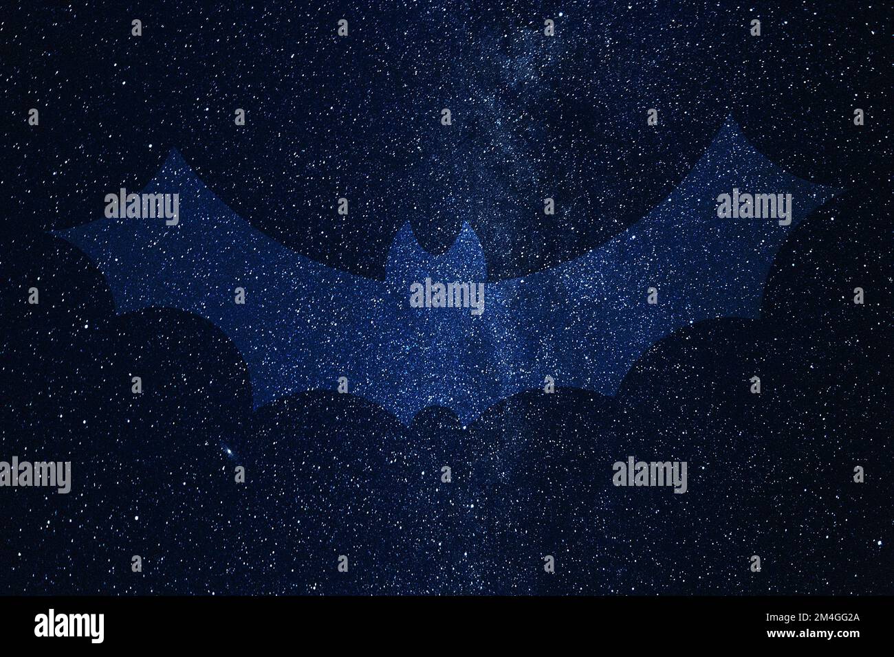 Silhouette of bat flying against background of starry night sky. Stock Photo