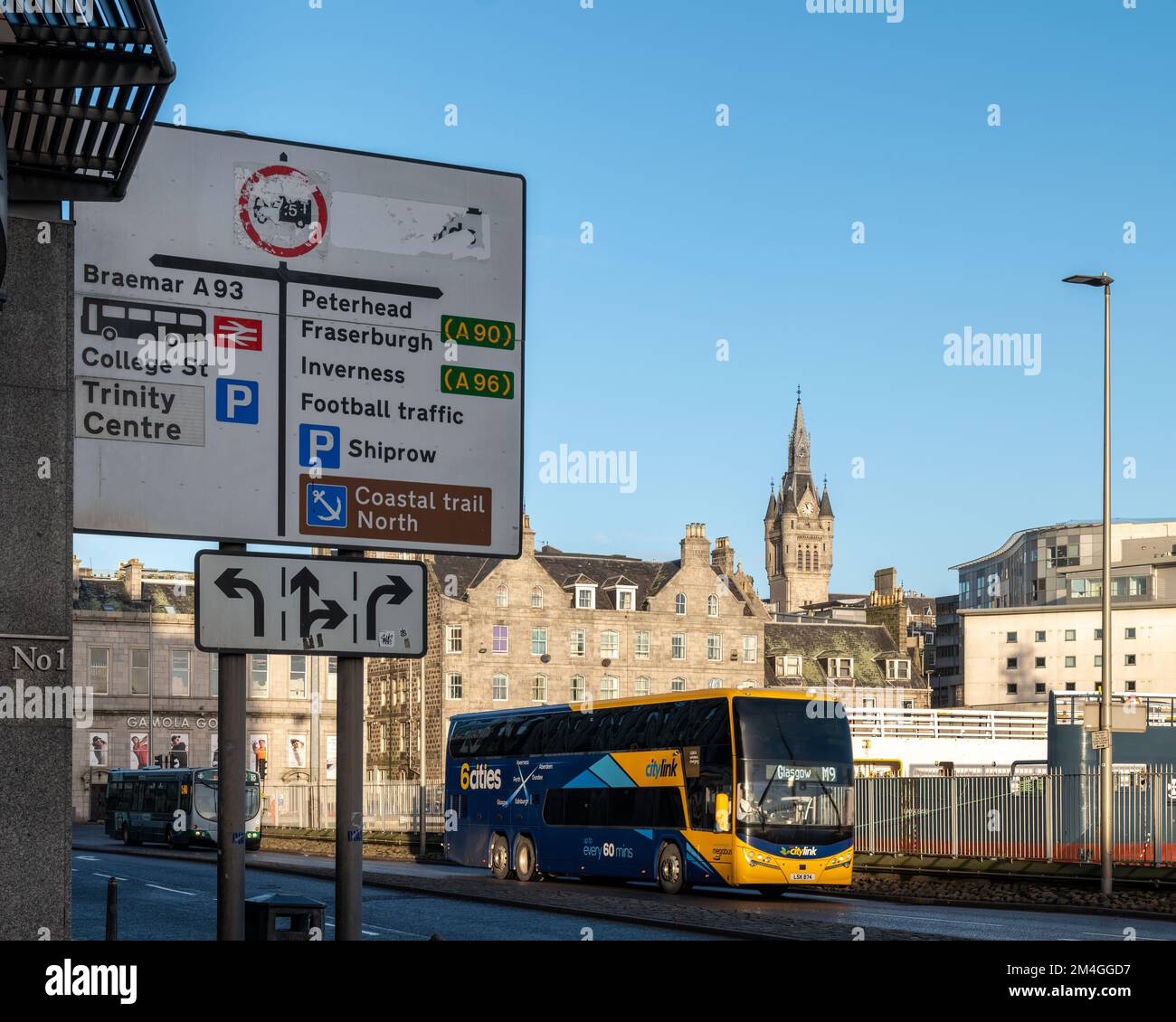 20 December 2022. Aberdeen,Aberdeen City,Scotland. This is the view towards Aberdeen City Centre from Market Street as a citylink bus departs for Glas Stock Photo