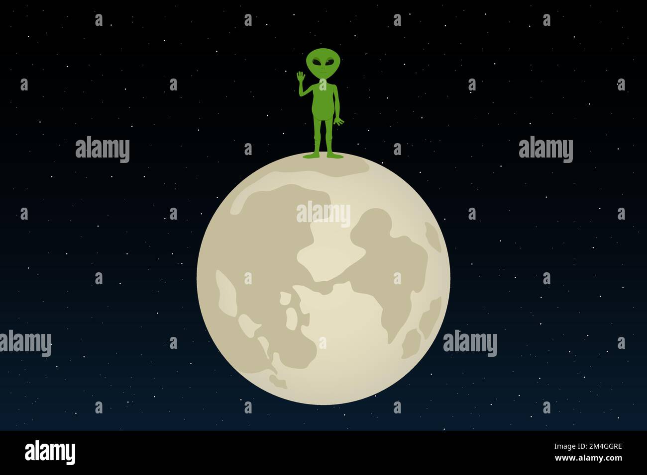 Green alien stand on moon with raised hand. Cartoon style. Vector illustration. Stock Vector