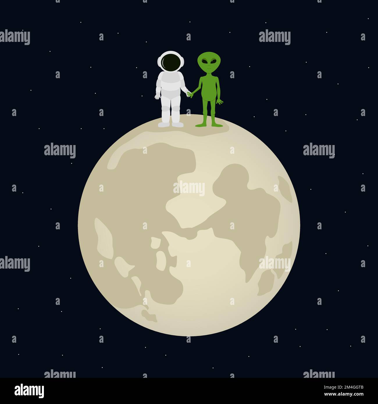 Meeting of astronaut and alien on moon. Vector illustration. Stock Vector