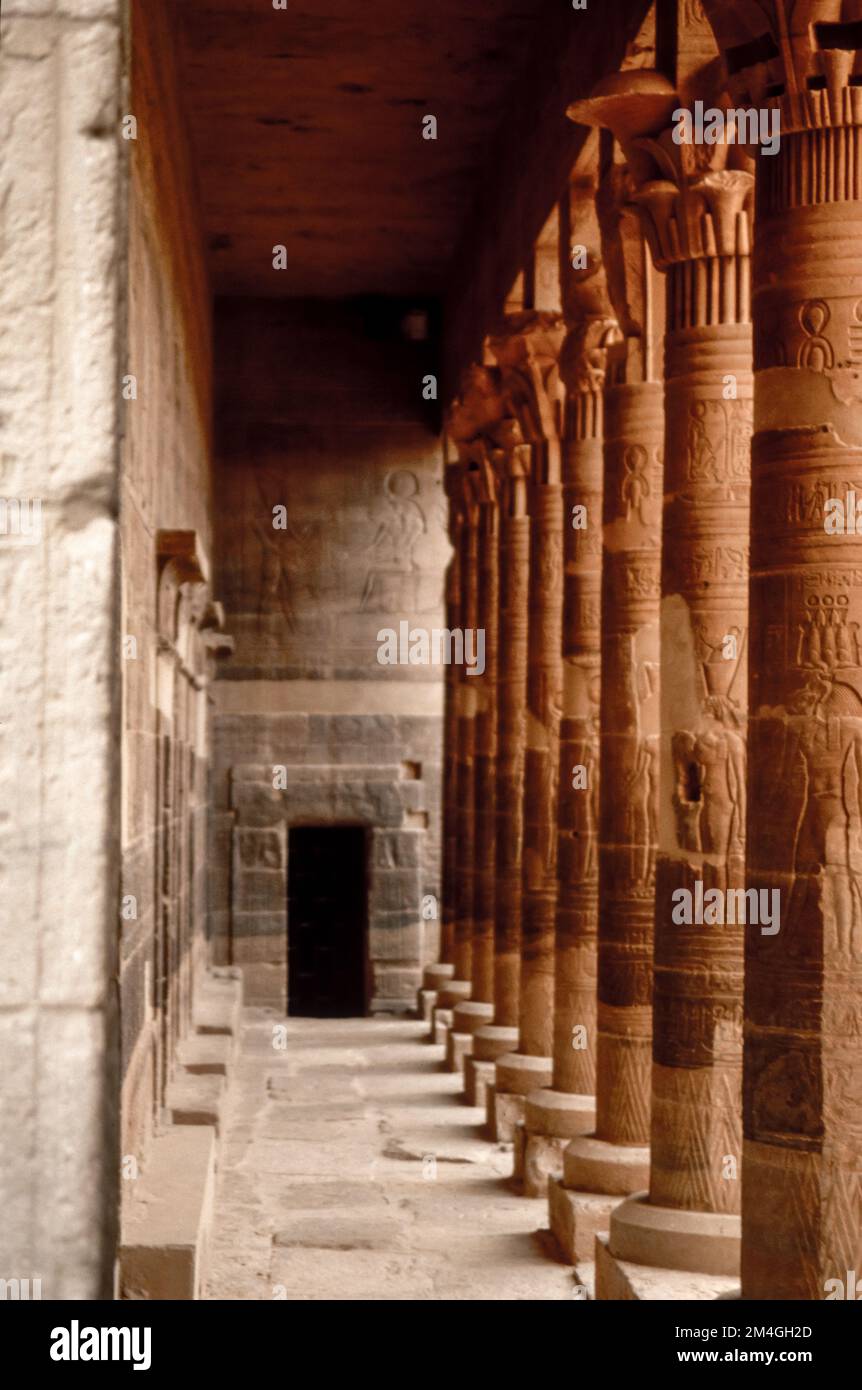 Forecourt columns in Philae temple complex - near Aswan, Egypt. UNESCO World Heritage Site in Upper Nile.  Archival scan from a slide. February 1987. Stock Photo