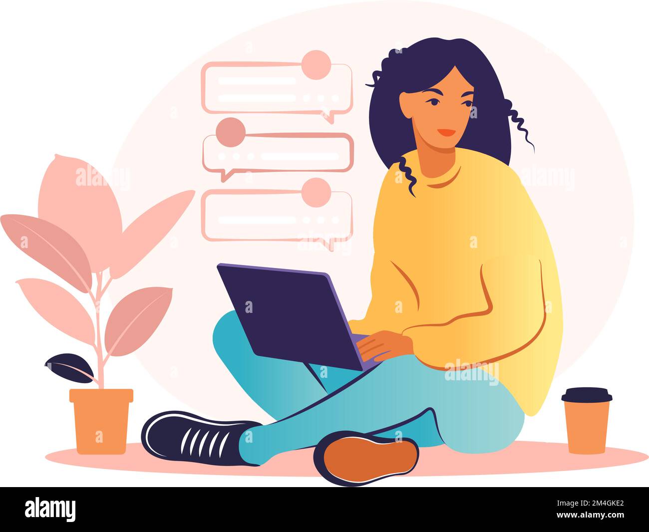 Woman sitting with laptop. Concept illustration for working, studying, education, work from home, healthy lifestyle. Can use for backgrounds Stock Vector