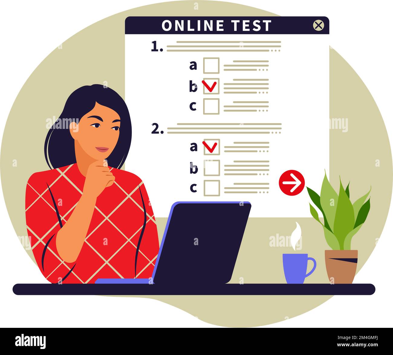 Concept online testing, e-learning, examination on computer. Vector illustration. Flat Stock Vector