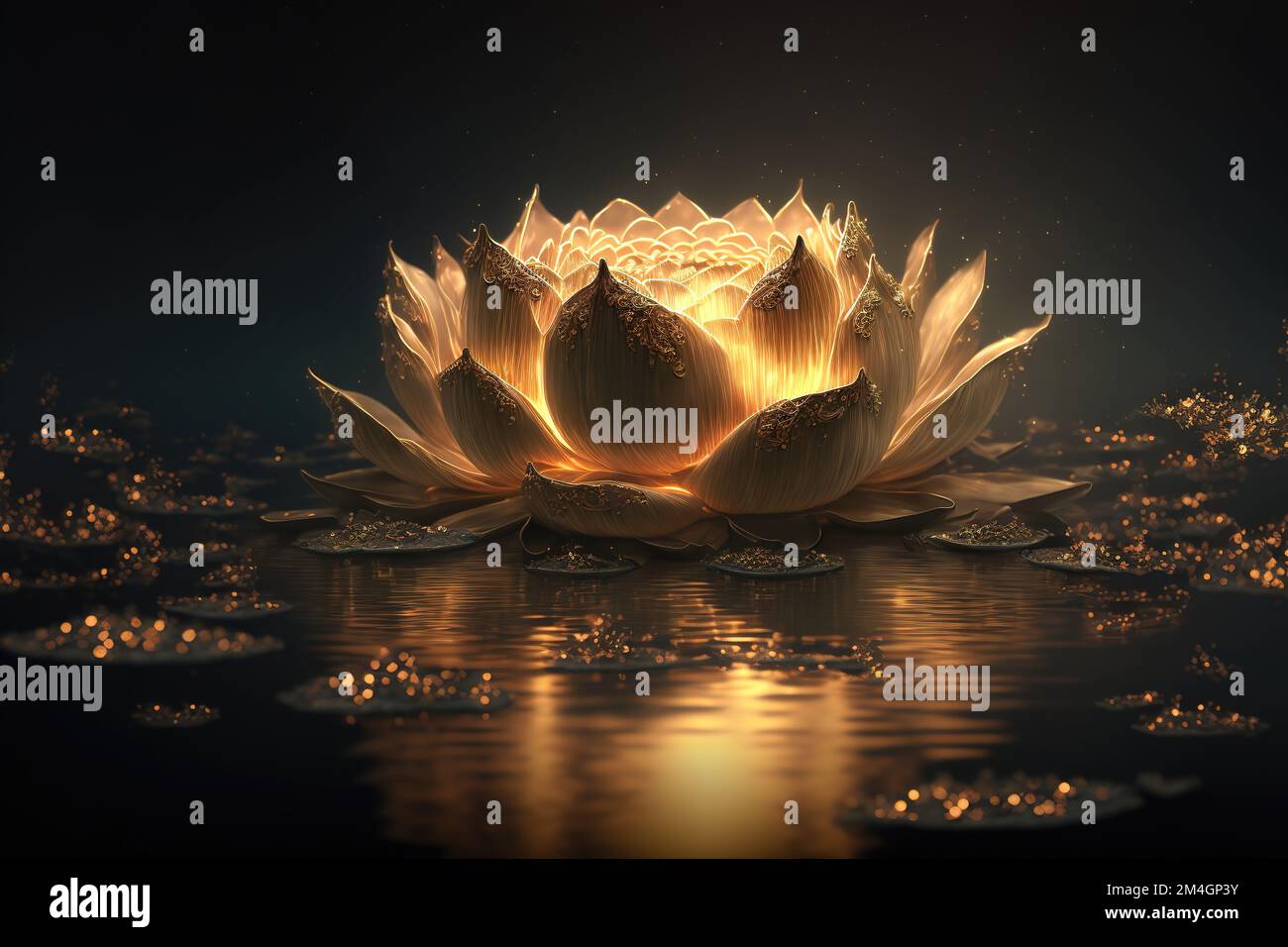 Golden lotus rose blooms at night in the water in the swamp. Fantasy