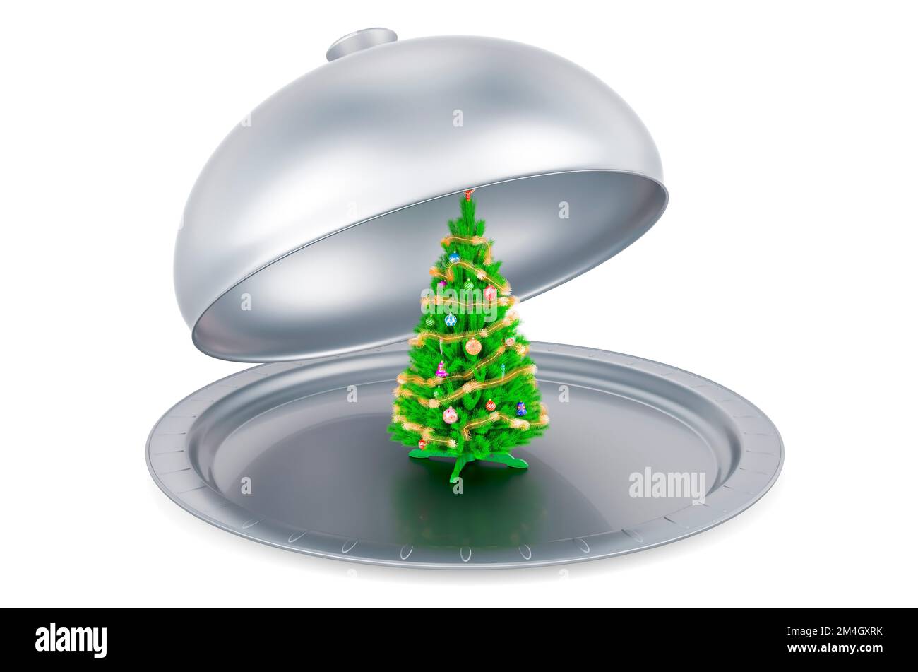Restaurant cloche with Christmas tree. 3D rendering isolated on white ...